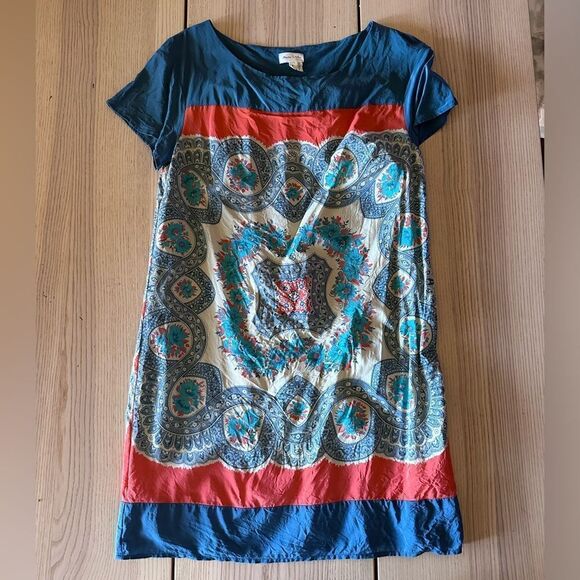 Anthropologie Meadow Rue Silk Tunic Dress in Blue and Red Boho pattern- Size M - Picture 3 of 7